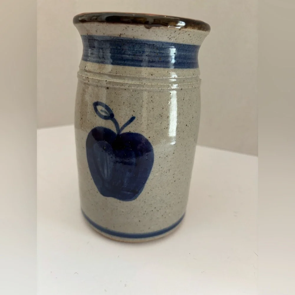 Vintage Mark Essig Signed Blue Apple Stoneware Vase/Utensil Holder 7